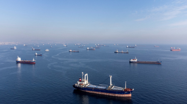 Navios comerciais, incluindo navios que fazem parte do acordo de grãos do Mar Negro, esperam para passar pelo estreito de Bósforo, nas margens de Yenikapi, em Istambul