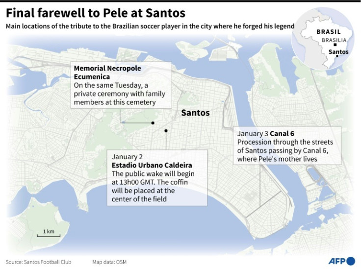 Mapa mostrando a cidade de Santos, Brasil, com os principais locais da cerimônia de despedida final do jogador de futebol brasileiro Pelé