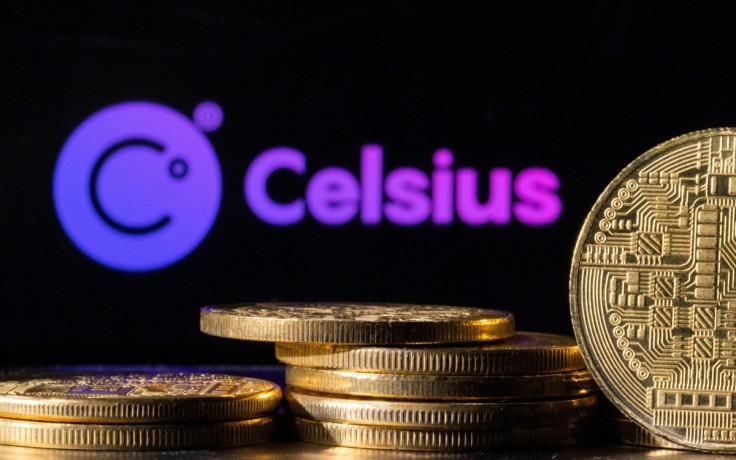 Ilustração mostra o logotipo da Celsius Network e representações de criptomoedas