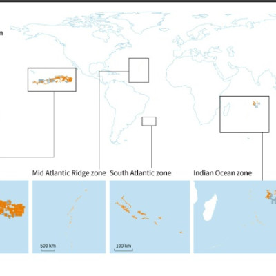 Mapa-múndi mostrando áreas de licenças de exploração de mineração do fundo do mar emitidas pela Autoridade Internacional do Fundo do Mar