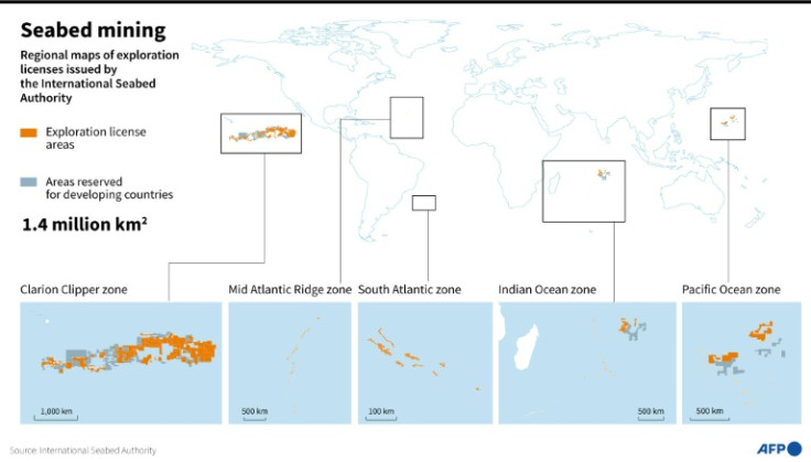 Mapa-múndi mostrando áreas de licenças de exploração de mineração do fundo do mar emitidas pela Autoridade Internacional do Fundo do Mar